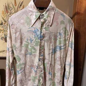 Mens Vintage Size Large Long Sleeve Button Down Shirt Blue Green Tan Awesome!